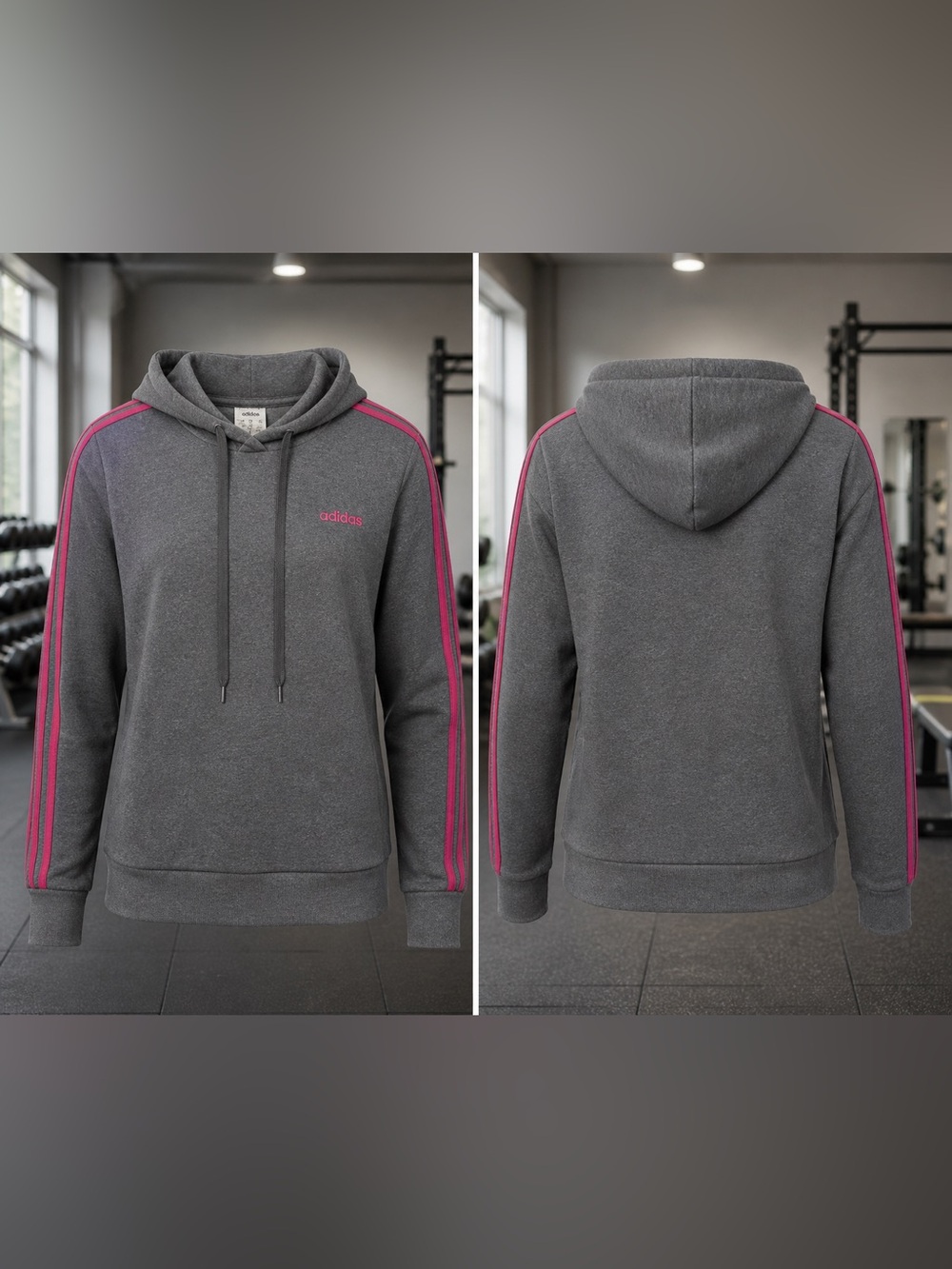 adidas Gray Hoodie with Pink Three-Stripe Accents